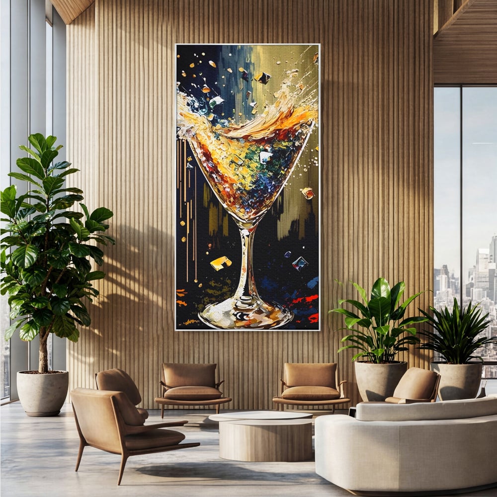 Tablou canvas cu tablou canvas cu pahar de cocktail in plina explozie de culori, in rama de aluminiu argintiu, pe perete intr-un birou